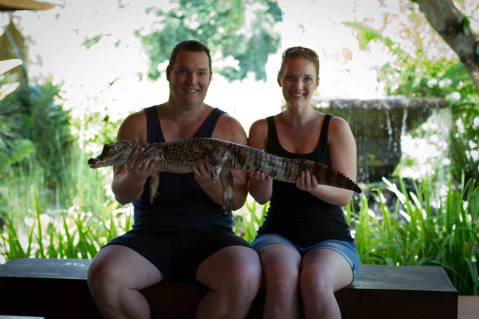 (I was a bit nervous holding this crocodile because it was really squirming and snapping while the zoo keeper carried him out. Note that there is no band around its chomper